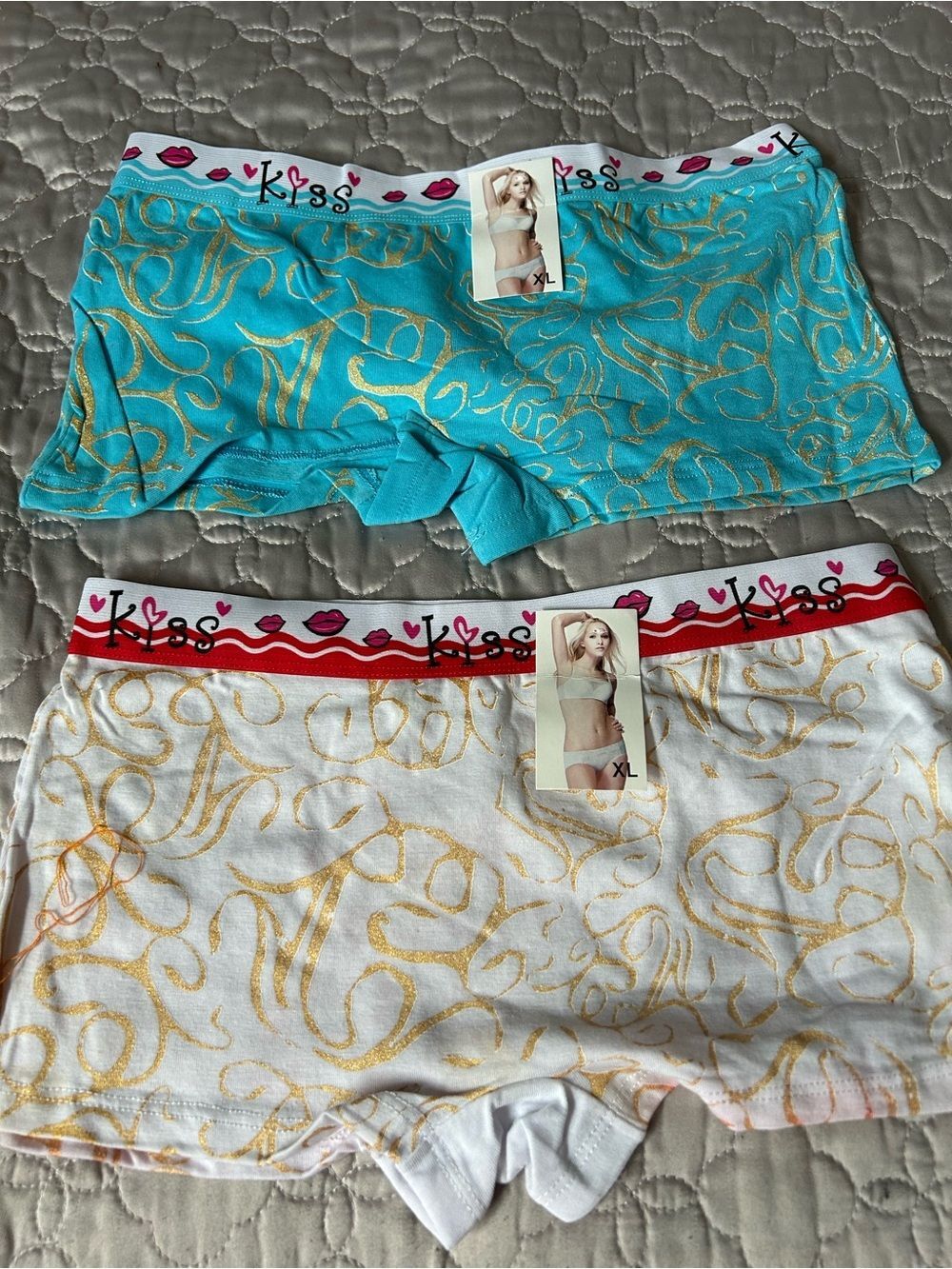 2PK Kiss Boyshorts 1 White with Gold Swirl and 1 Blue with Gold Swirl Size XL